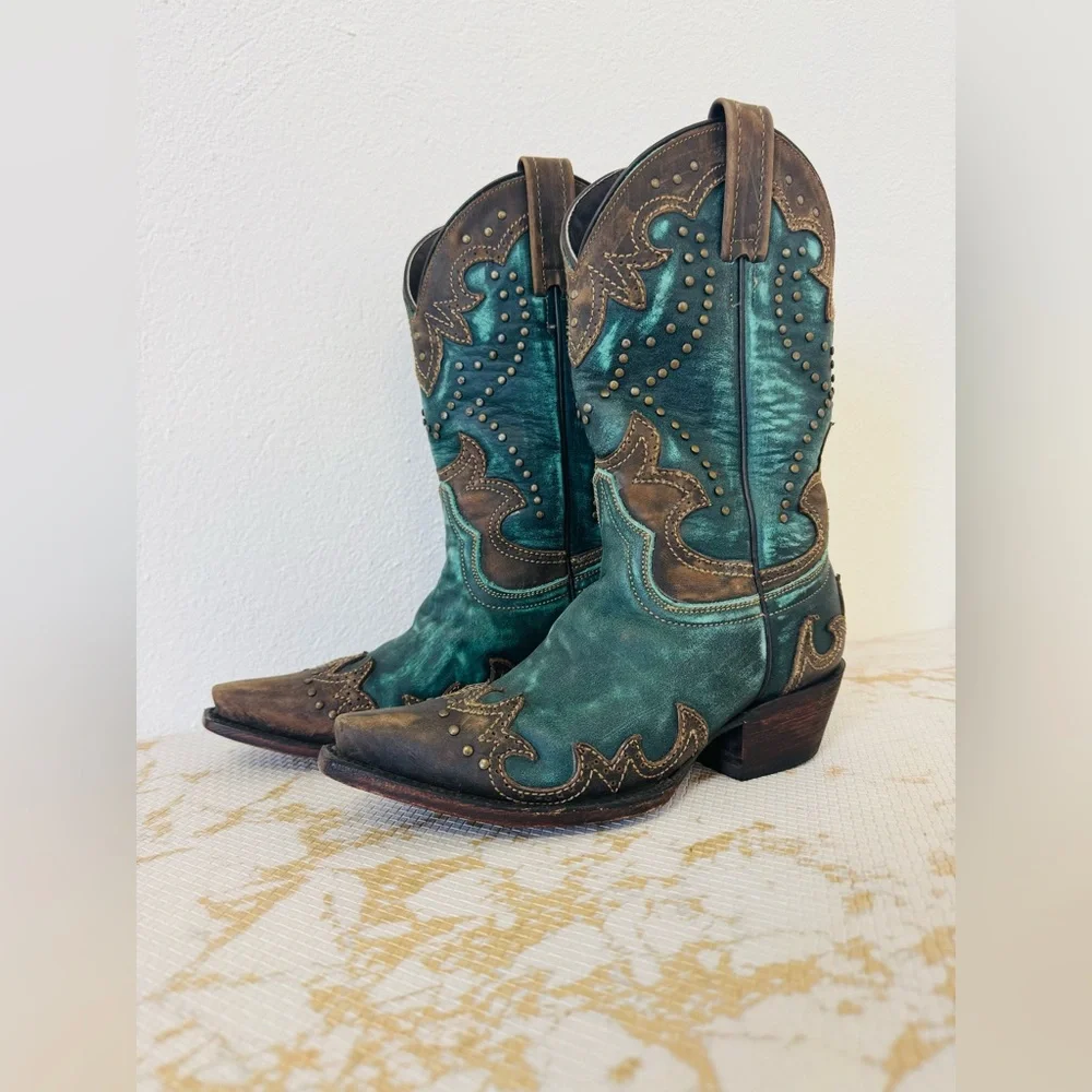 COBARCA Women’s Turquoise & Brown Leather Brass Studded Boots MX 23 - Picture 3 of 10